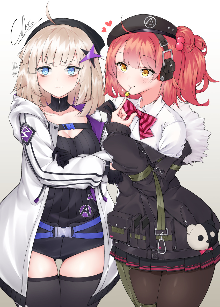 2girls, aa-12_(girls'_frontline), absurdres, ahoge, bags_under_eyes, bangs, beret, blue_eyes
