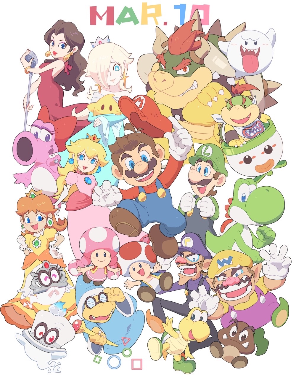 4boys, 4girls, birdo, blonde_hair, blue_eyes, boo_(mario), bowser, bowser_jr.