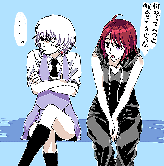 aleksander_nikolaevich_her, clothes_swap, oribe_mafuyu, seikon_no_qwaser, sitting, white_hair