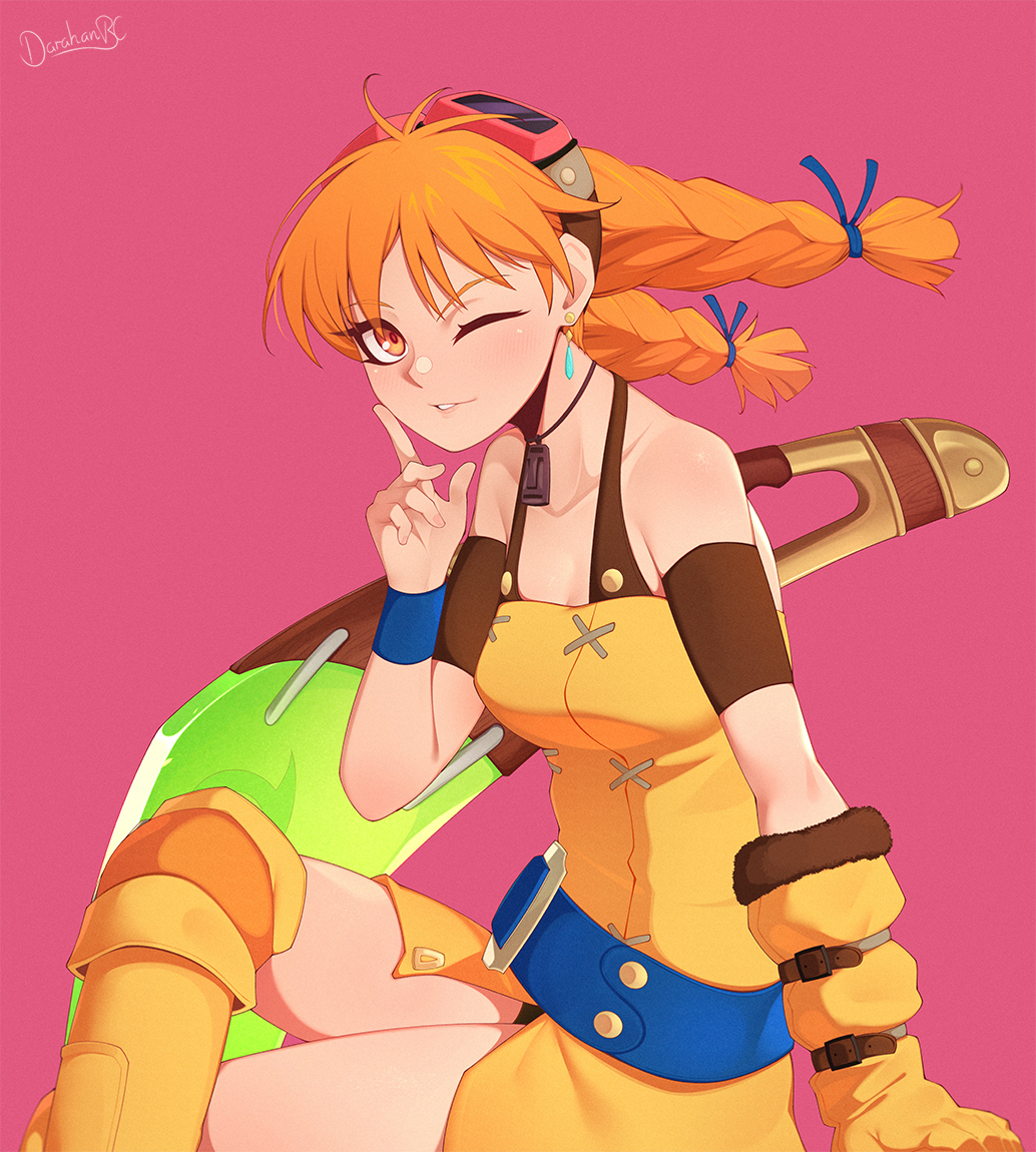 1girl, aika_(eternal_arcadia), bangs, belt, boomerang, braid, breasts, darahan