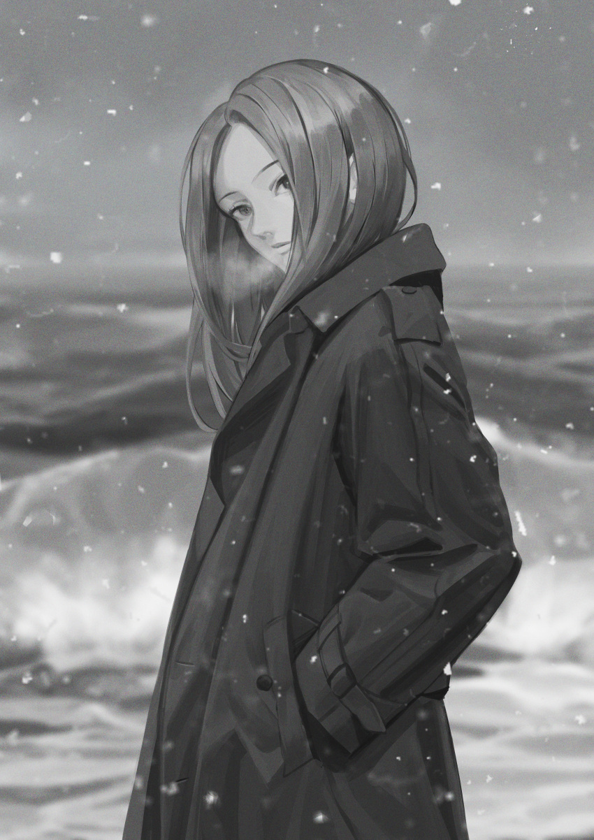 1girl, absurdres, blurry, breath, coat, cowboy_shot, depth_of_field, doloyume