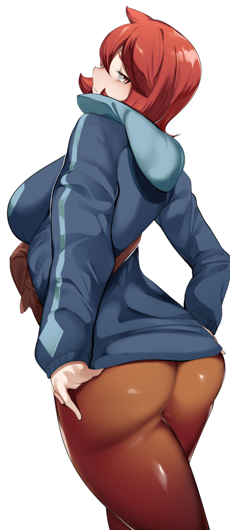 1girl, arezu_(pokemon), ass, blue_hoodie, breasts, brown_legwear, closed_mouth, commentary