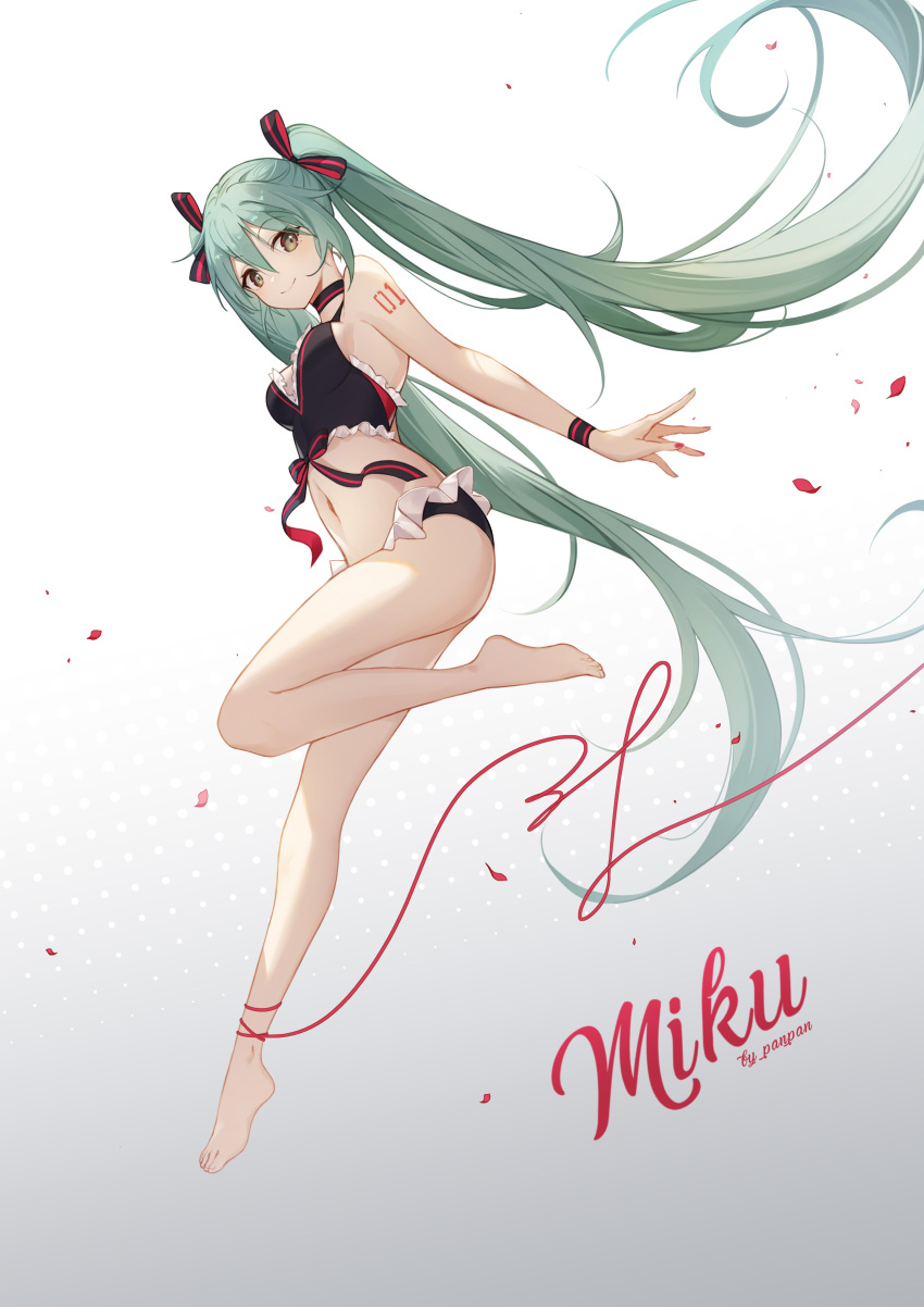 1girl, absurdres, ankle_ribbon, aqua_hair, arm_tattoo, artist_name, bangs, barefoot