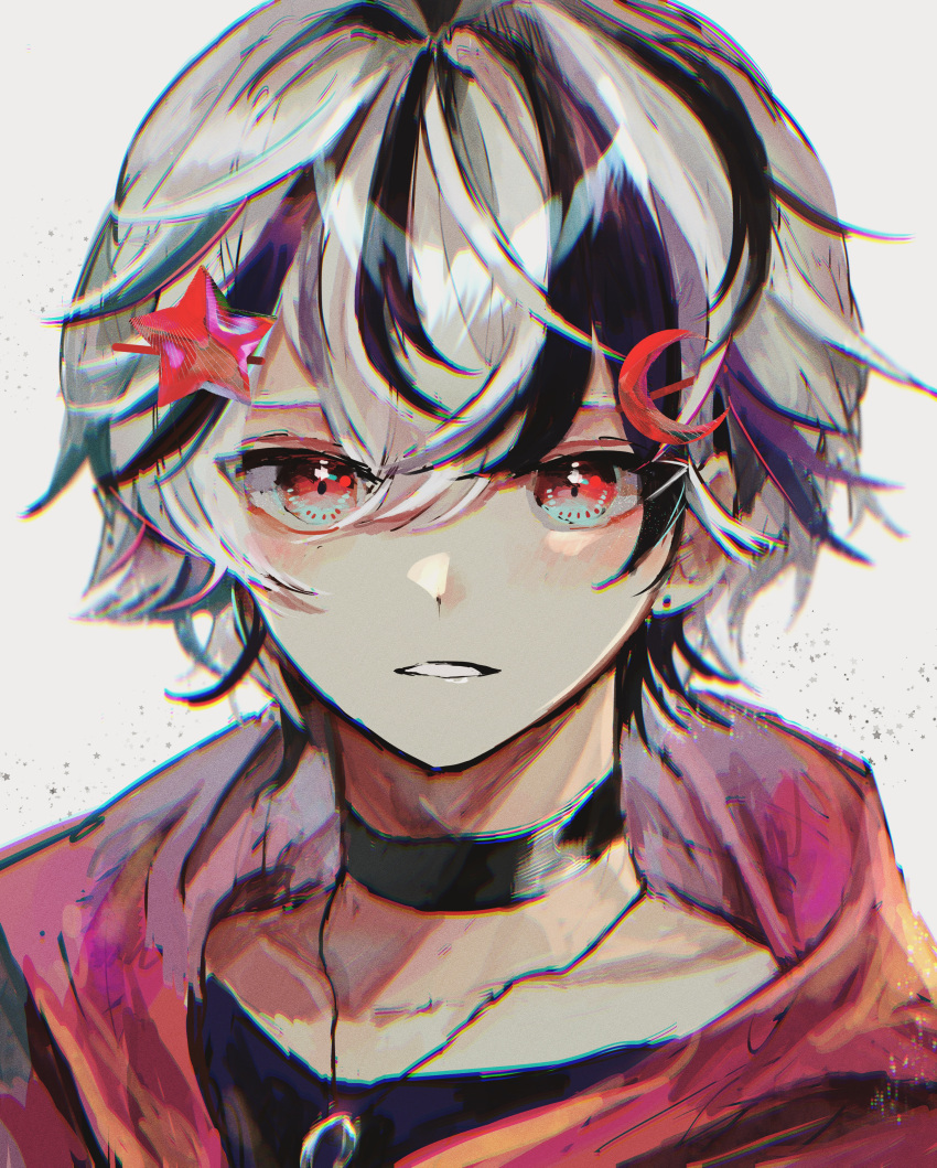 1boy, absurdres, black_hair, black_shirt, choker, commentary, crescent, crescent_hair_ornament