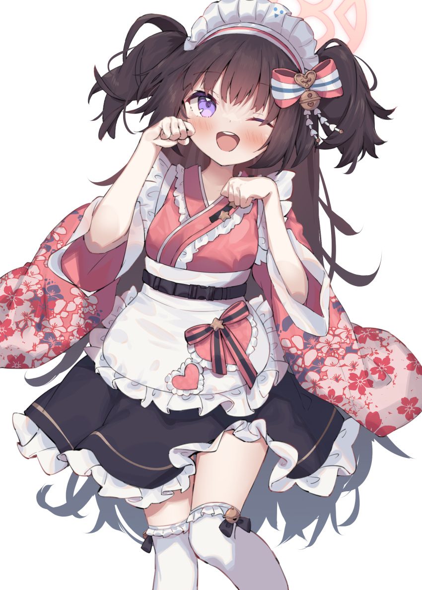 1girl, ;d, absurdres, apron, bell, black_bow, black_skirt, blue_archive, blush, bow, bow_legwear, brown_hair, eip_(pepai), eyebrows_visible_through_hair, feet_out_of_frame, floral_print, frilled_apron, frilled_legwear, frilled_skirt, frills, hair_bell, hair_bow, hair_ornament, halo, heart, highres, japanese_clothes, kneehighs, legwear_bell, long_hair, maid_headdress, one_eye_closed, paw_pose, ribbon, shizuko_(blue_archive), simple_background, skirt, smile, solo, two_side_up, violet_eyes, wa_maid, waist_apron, white_apron, white_background, wide_sleeves