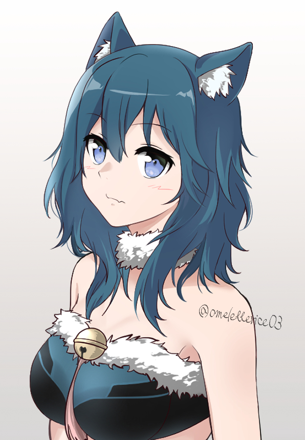 1girl, alternate_costume, animal_ear_fluff, animal_ears, bandeau, bangs, bare_shoulders, bell