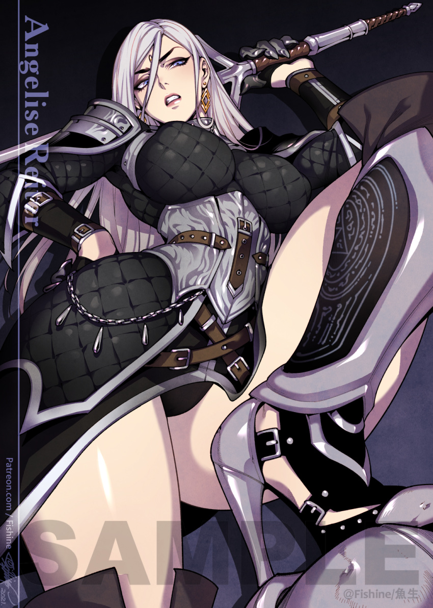 1girl, ?, angelise_reiter, armor, artist_name, avatar_(ff14), belt, breasts