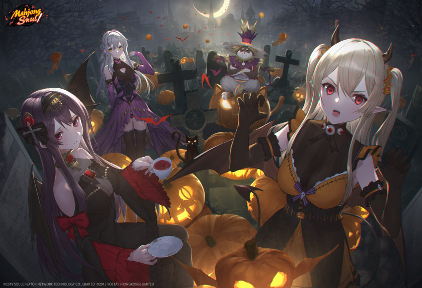 1boy, 3girls, bat, bat_wings, black_cat, black_hair, blonde_hair, bow