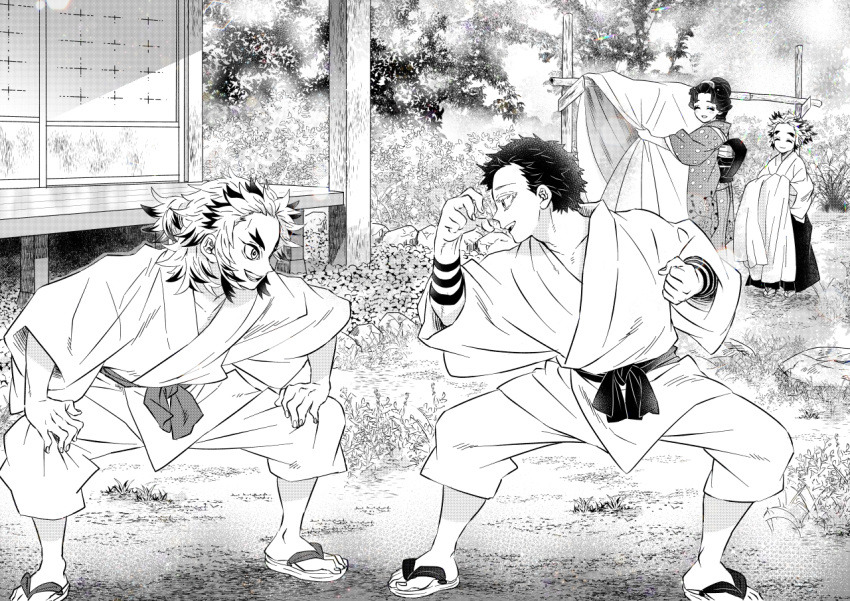 1girl, 3boys, :d, akaza_(kimetsu_no_yaiba), alternate_universe, arm_support, body_markings, brothers