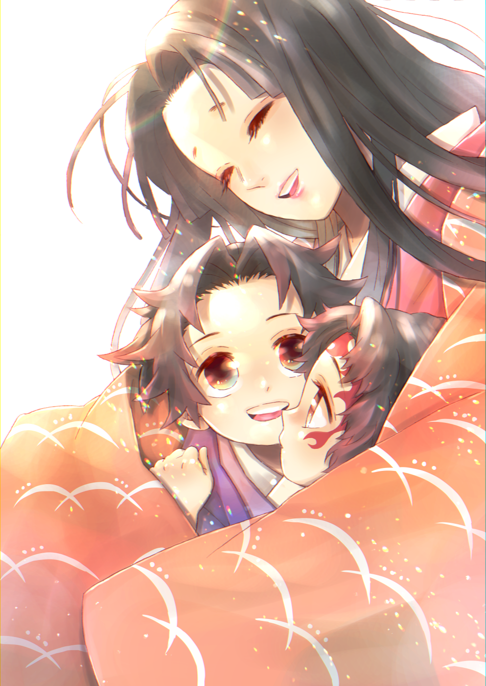 1girl, :d, ^_^, black_hair, brothers, child, closed_eyes, eyelashes