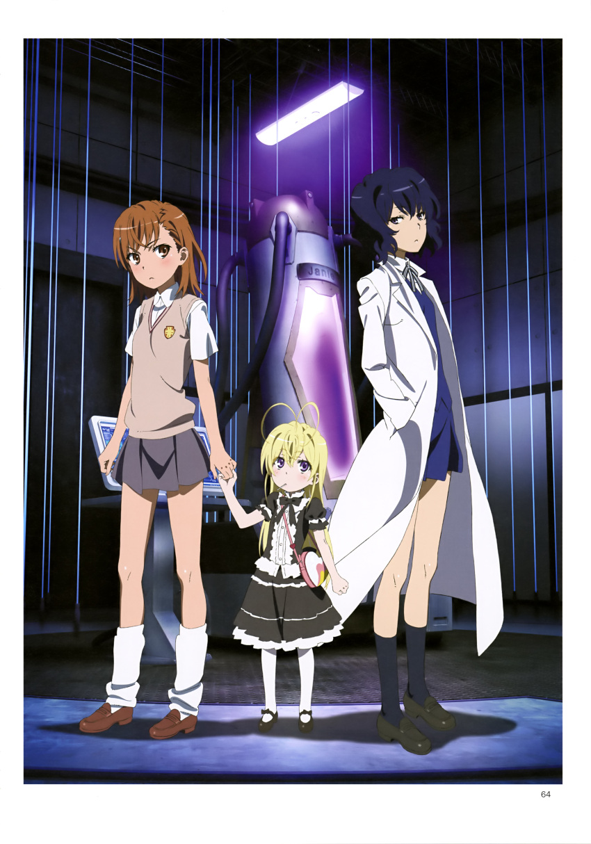 3girls, absurdres, antenna_hair, black_footwear, black_legwear, black_shirt, black_skirt, blonde_hair
