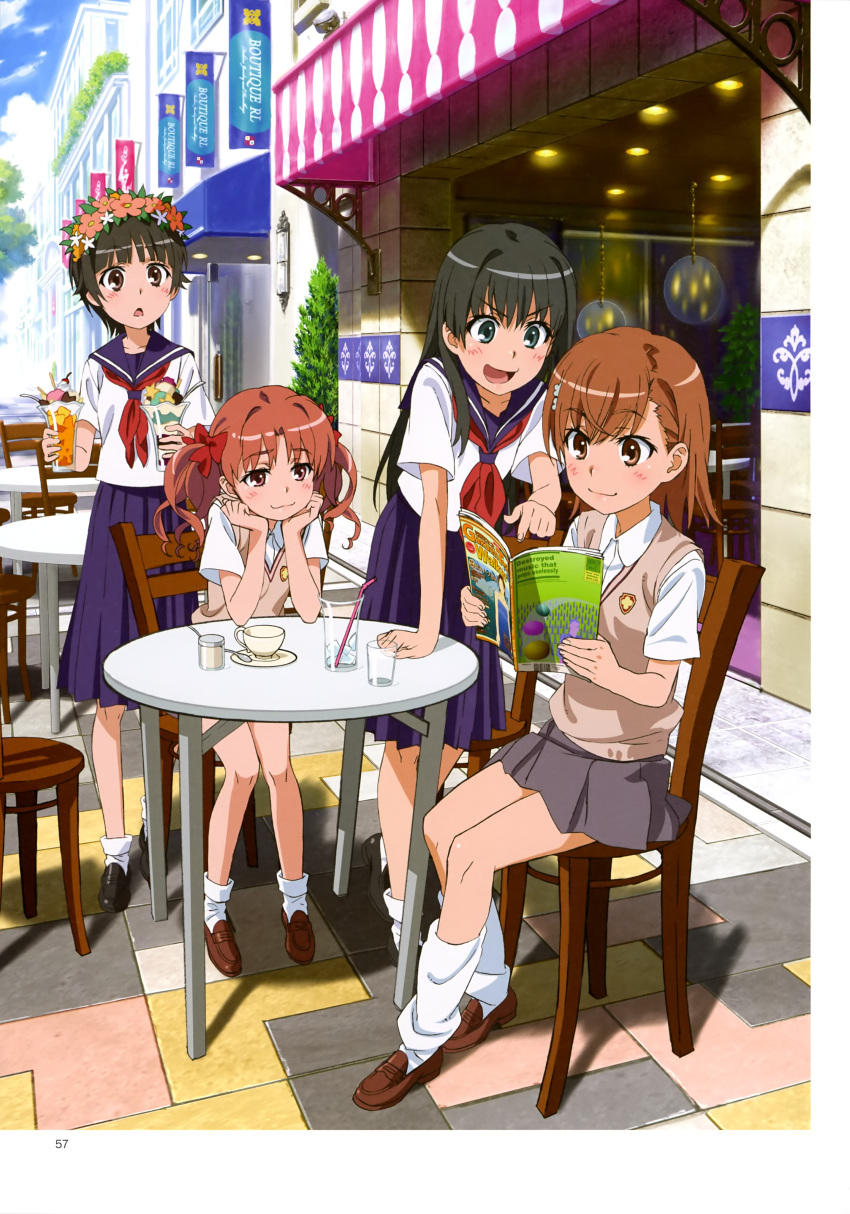 4girls, :3, :d, absurdres, aqua_eyes, black_footwear, black_hair, bow