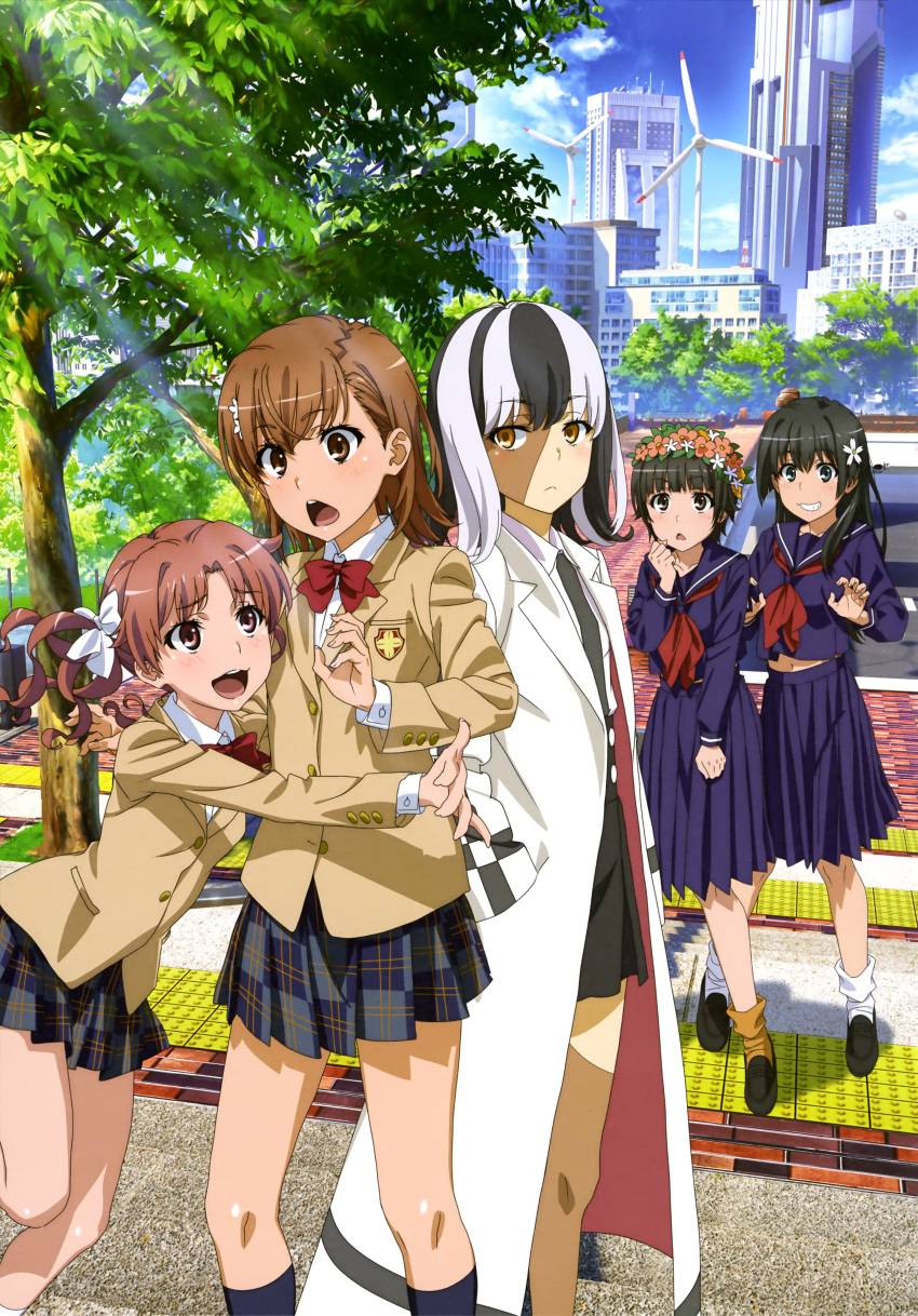 5girls, :d, absurdres, black_eyes, black_footwear, black_hair, black_necktie, black_skirt