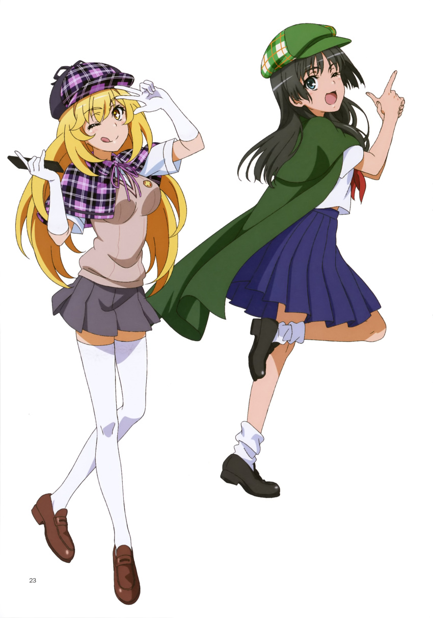 2girls, ;d, ;q, absurdres, arm_up, black_footwear, black_hair, blonde_hair