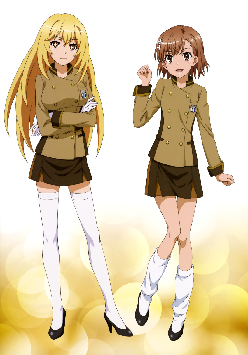 2girls, :d, absurdres, alternate_costume, black_footwear, blonde_hair, brown_eyes, brown_hair