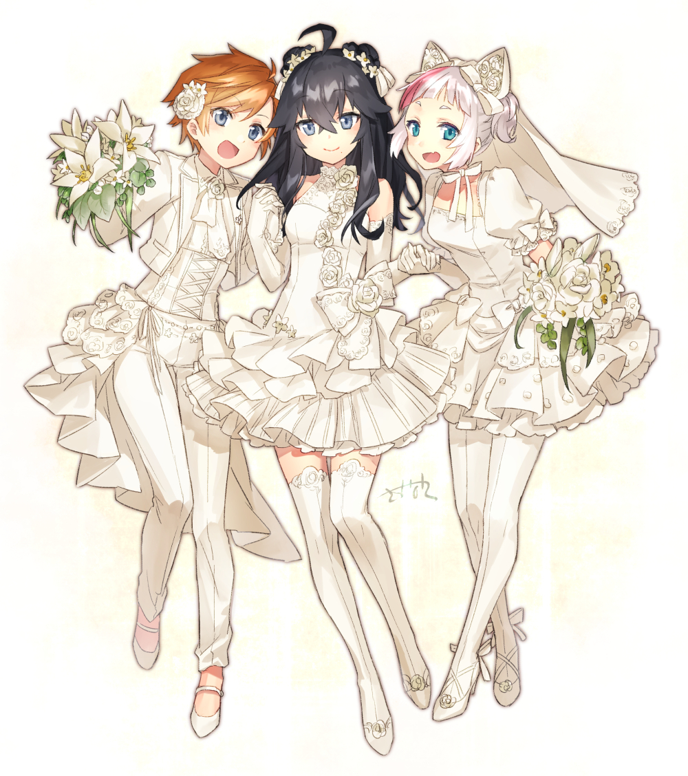 3girls, :d, ahoge, animal_ears, bangs, bare_shoulders, black_hair, blue_eyes