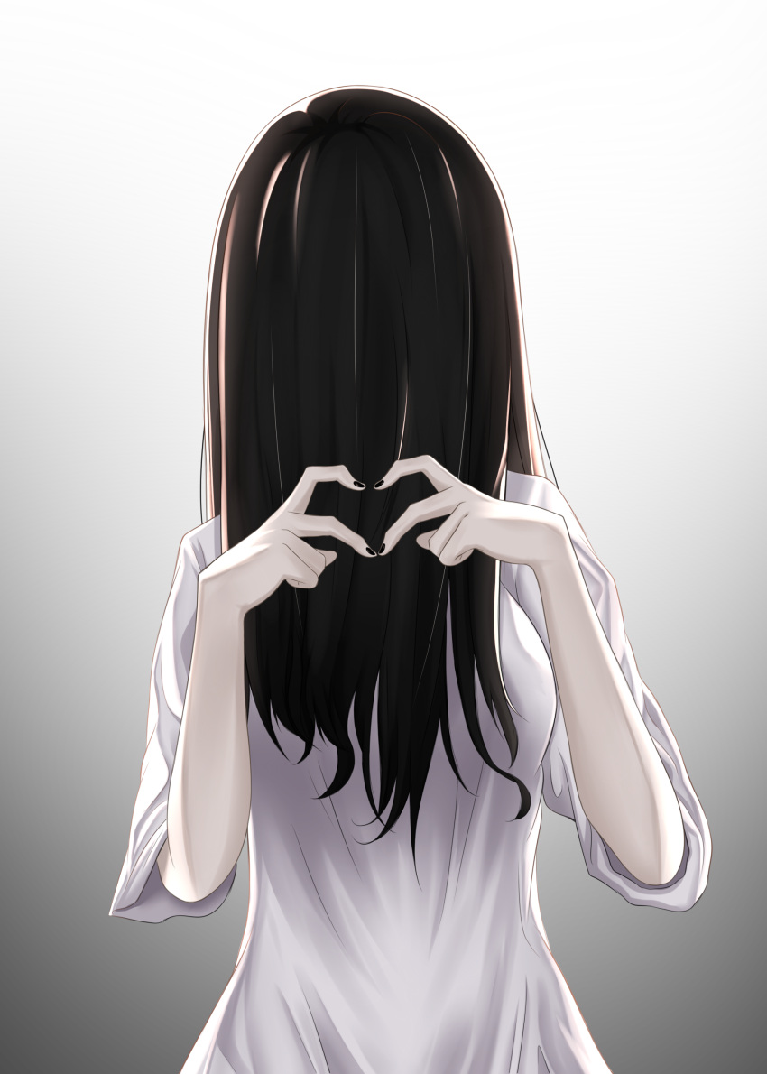 1girl, absurdres, black_hair, black_nails, breasts, covered_face, dress, facing_viewer