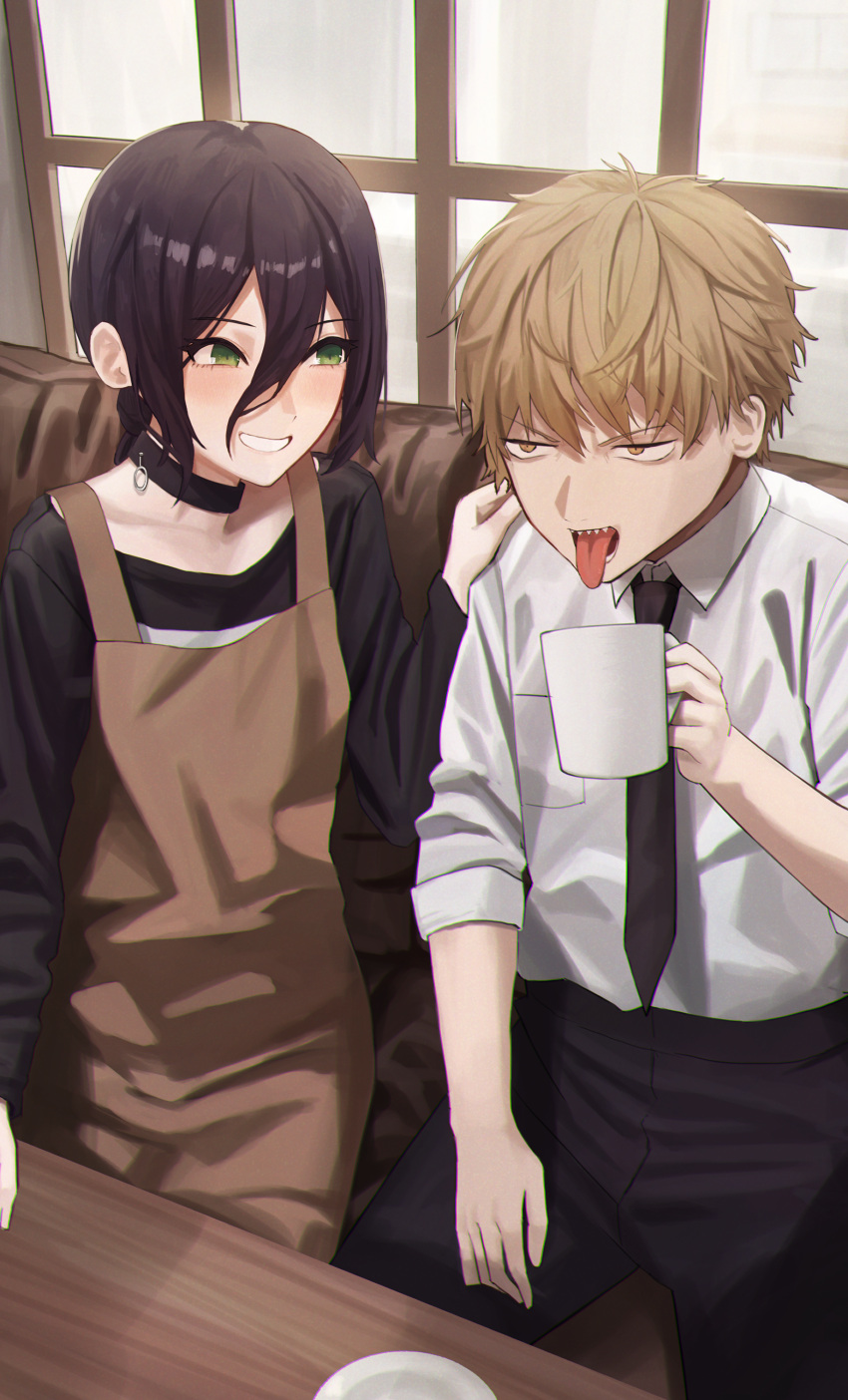 1boy, 1girl, absurdres, apron, black_choker, black_hair, black_necktie, black_neckwear