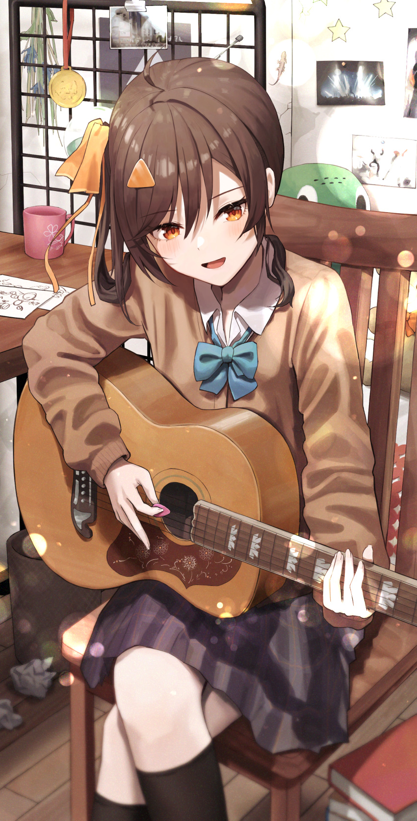 1girl, absurdres, bangs, black_legwear, blue_bow, bow, eyebrows_visible_through_hair, guitar