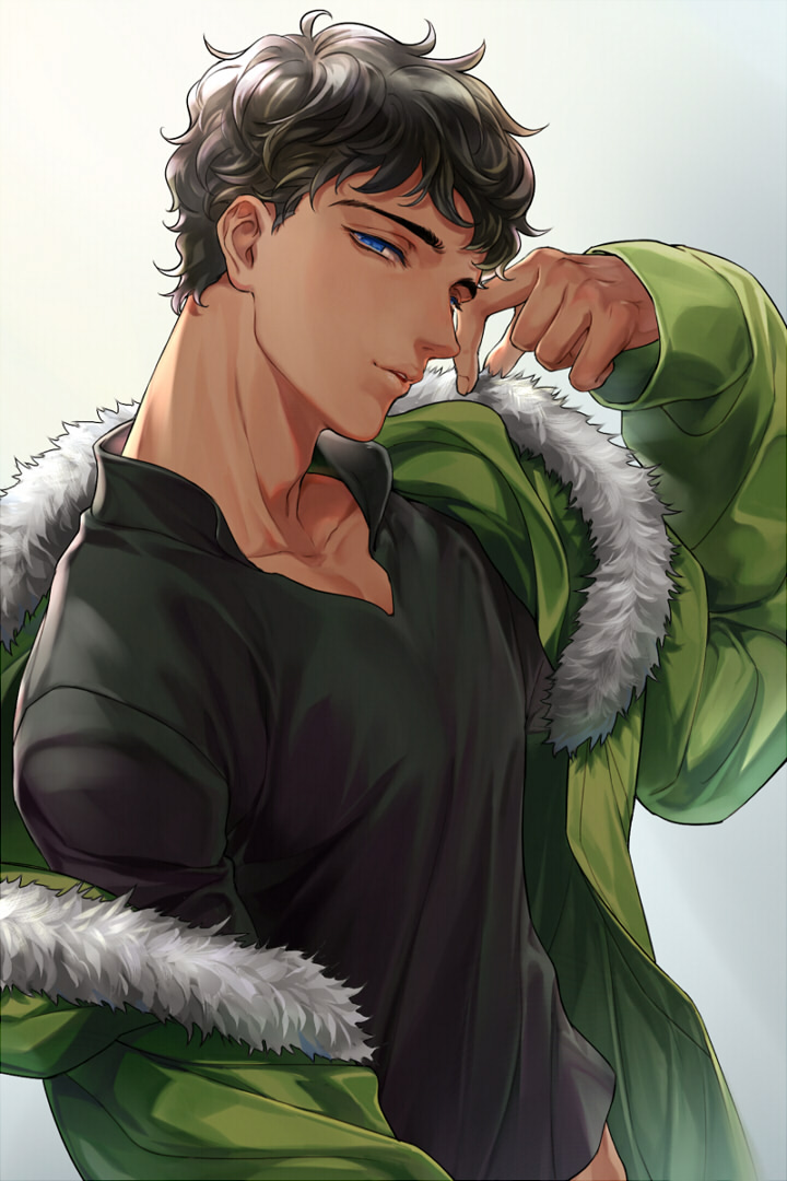 1boy, arm_at_side, bangs, black_hair, black_shirt, blue_eyes, changye, collarbone