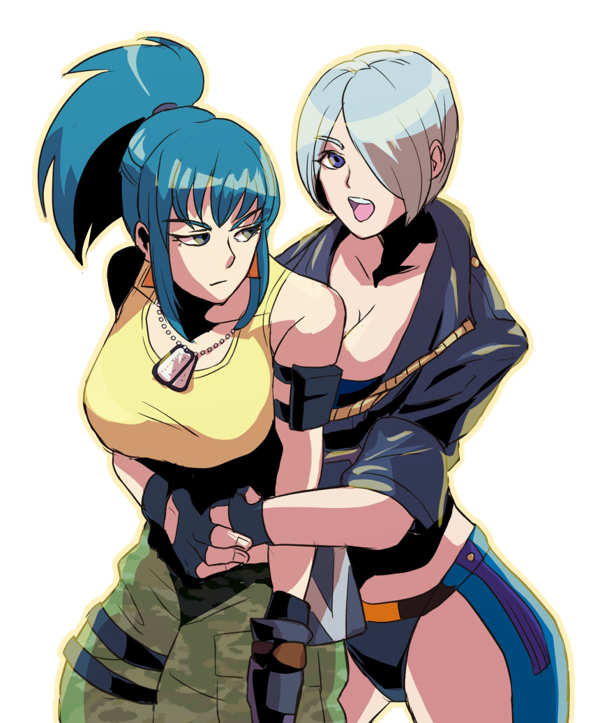 2girls, angel_(kof), bangs, bardothodol, bare_shoulders, black_gloves, blue_eyes, blue_hair