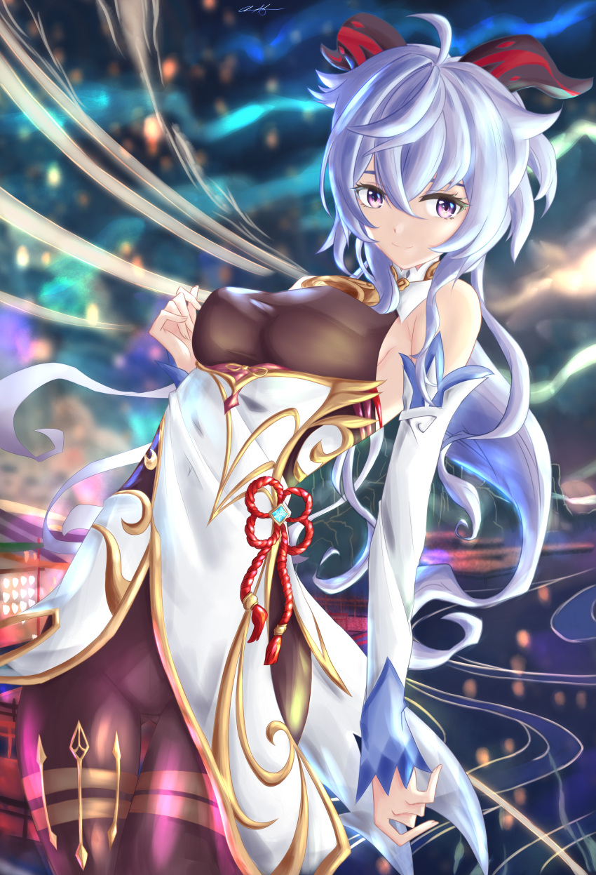 1girl, absurdres, aishcream24, black_legwear, blue_eyes, blue_hair, bridge, ganyu_(genshin_impact)