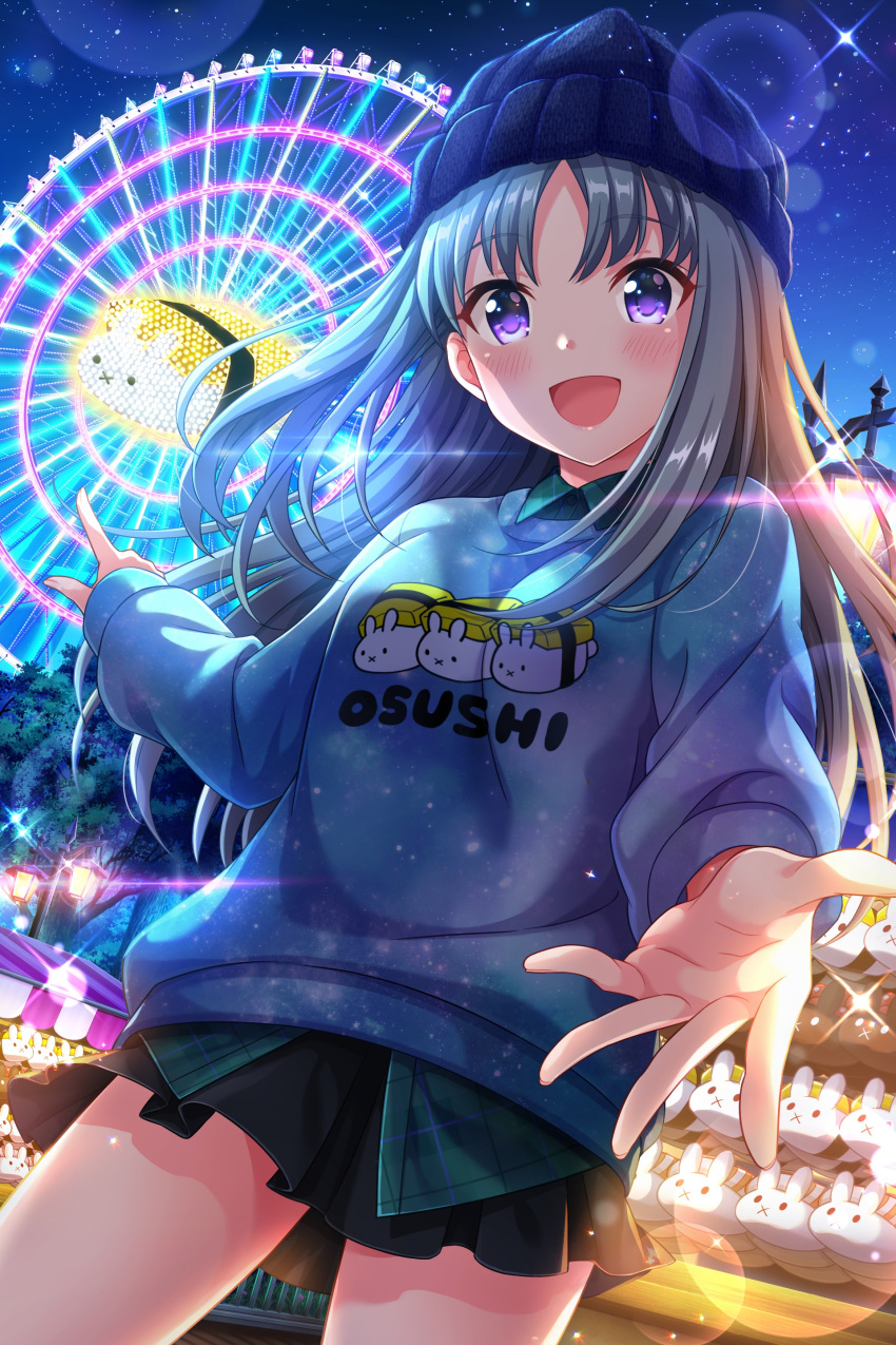 1girl, absurdres, alternative_girls, black_skirt, blue_headwear, eyebrows_visible_through_hair, ferris_wheel, highres