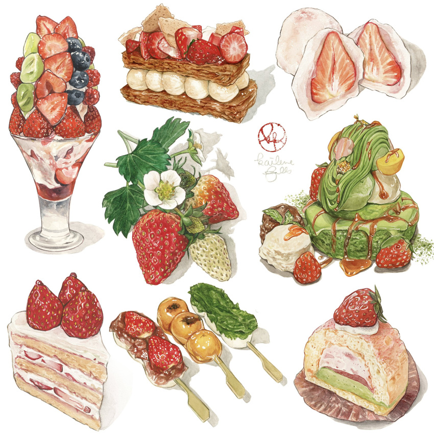 artist_logo, cake, dessert, food, food_focus, food_request, fruit, highres, kailene, no_humans, pastry, signature, simple_background, strawberry, strawberry_shortcake, sweets, white_background