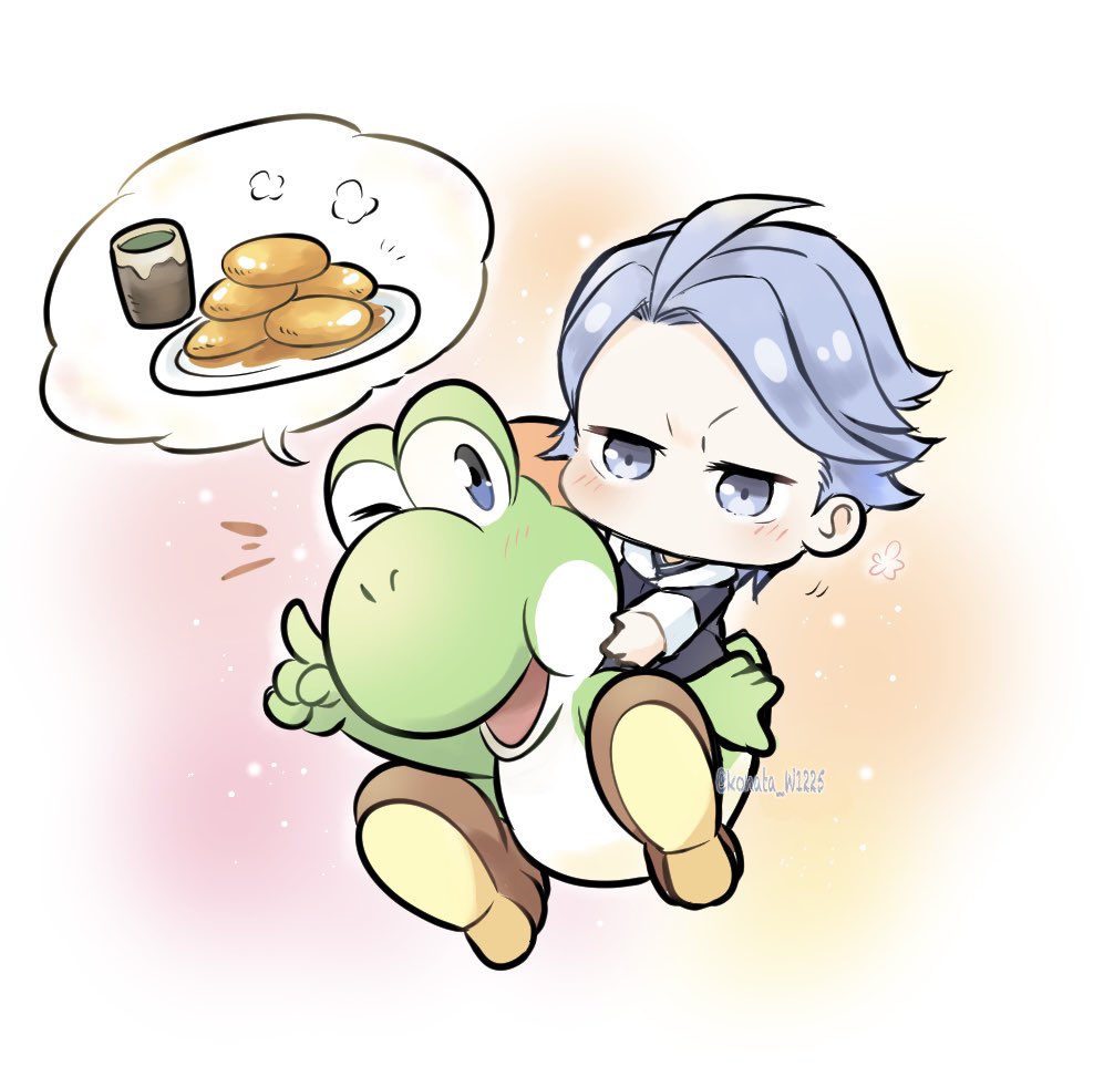1girl, ahoge, blush, chibi, commentary, crossover, cyllene_(pokemon), grey_eyes, grey_hair, grey_jacket, jacket, konata_w1225, long_sleeves, notice_lines, pokemon, pokemon_(game), pokemon_legends:_arceus, riding, short_hair, spoken_object, super_mario_bros., twitter_username, watermark, yoshi