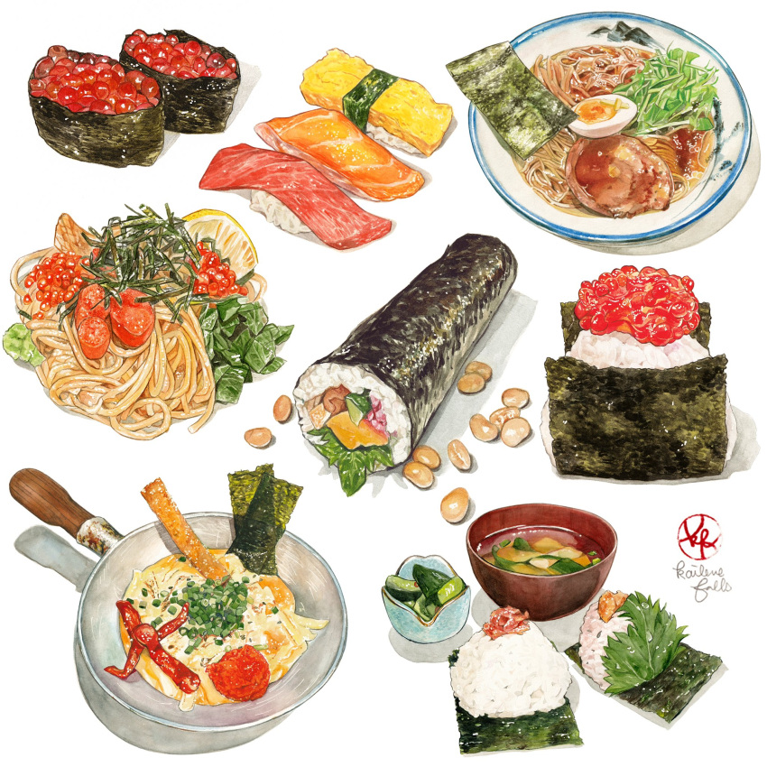 artist_logo, beans, bowl, commentary_request, egg, ehoumaki, english_commentary, food