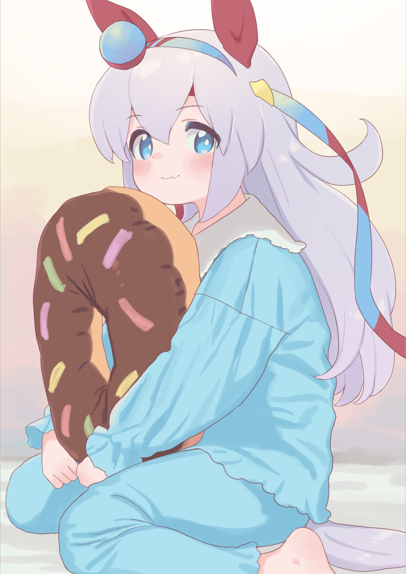 1girl, :3, animal_ears, bangs, blue_eyes, blue_pants, blue_shirt, blush