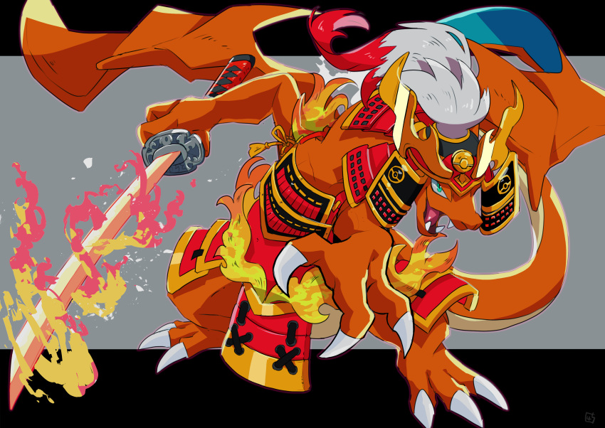 45_(maruyaki45), animal_focus, black_border, blue_eyes, breastplate, charizard, claws, fangs