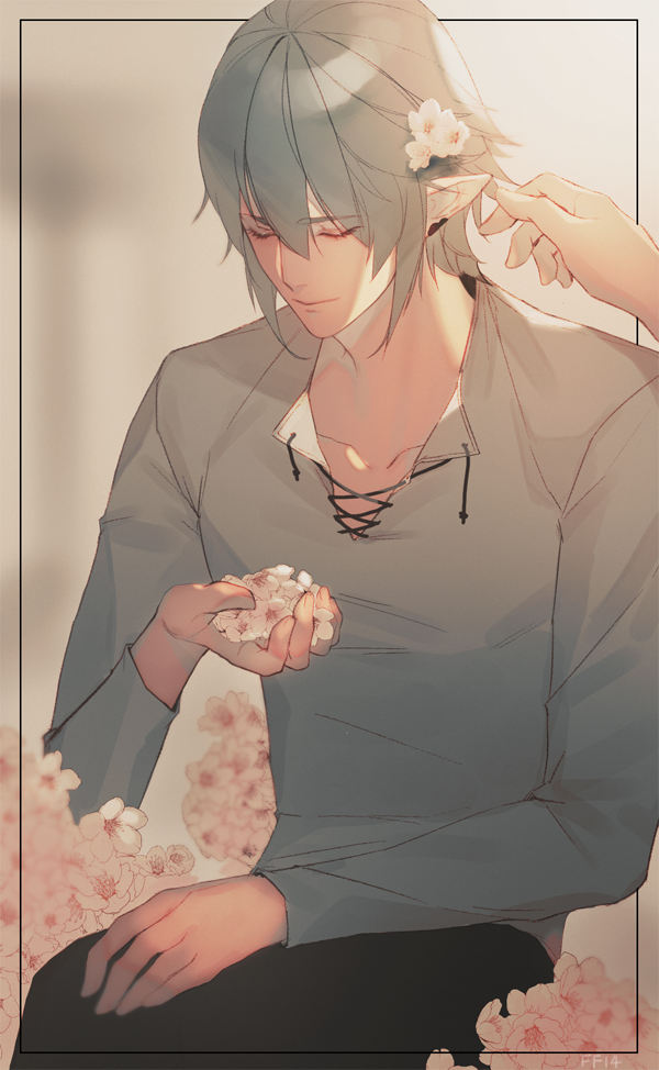 1boy, alternate_costume, casual, cherry_blossoms, closed_mouth, collarbone, copyright_name, drawstring