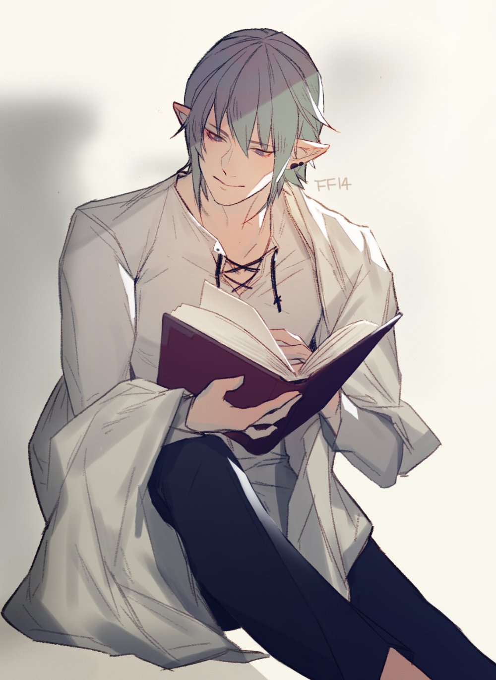 1boy, alternate_costume, bangs, blue_eyes, book, bright_pupils, casual, closed_mouth