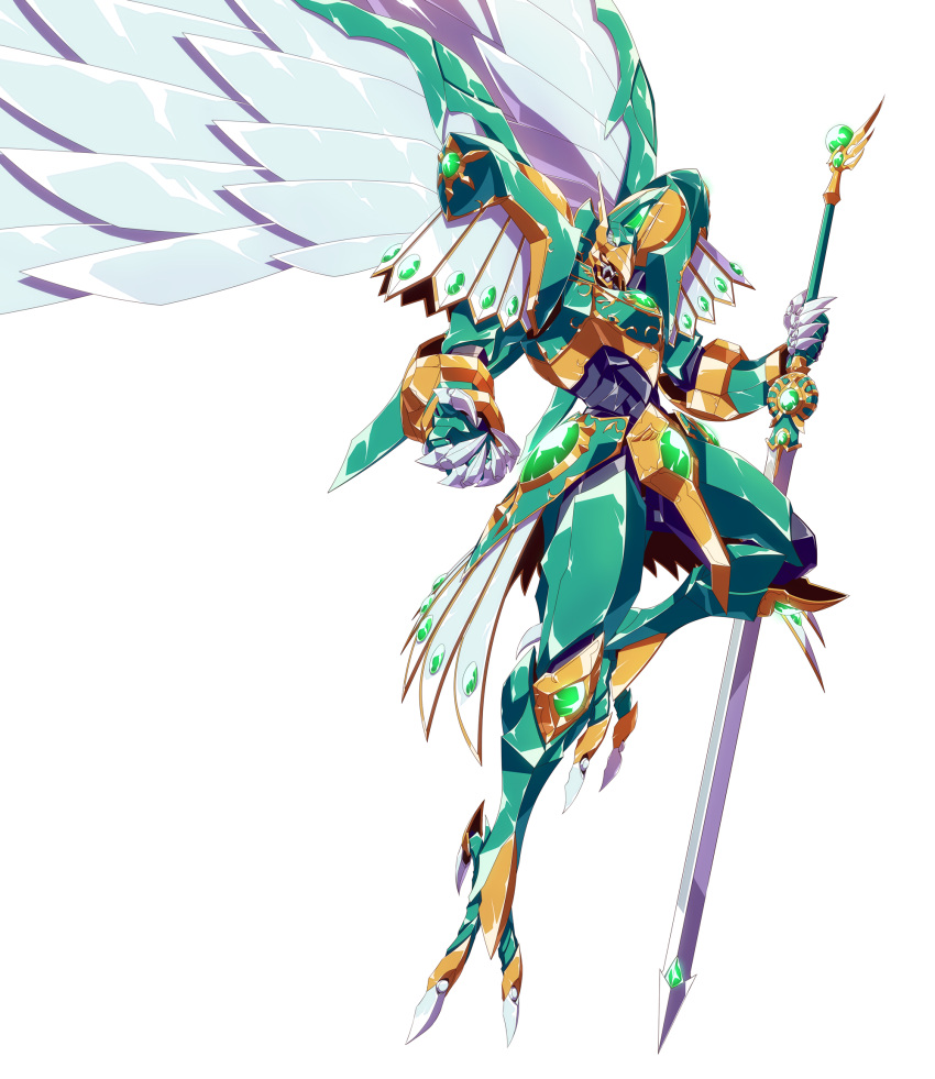 airborne, fantasy, glowing, glowing_eye, highres, holding, holding_sword, holding_weapon