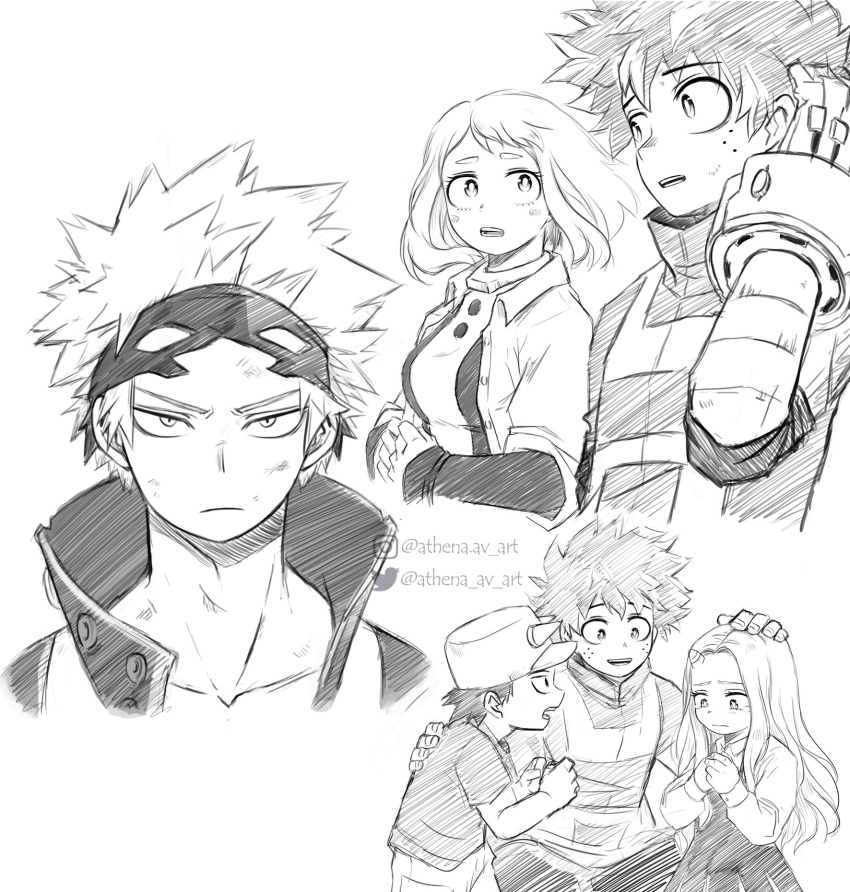 2girls, 3boys, artist_name, athena_av, bakugou_katsuki, blush, bodysuit, boku_no_hero_academia