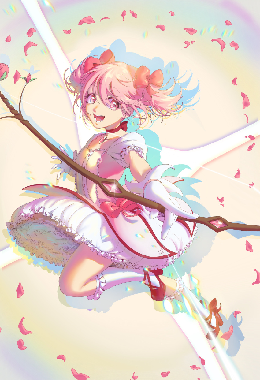 1girl, absurdres, arrow_(projectile), bow_(weapon), bubble_skirt, choker, crossbow, drawing_bow, edwin-kun, gloves, highres, holding, holding_bow_(weapon), holding_weapon, kaname_madoka, kneehighs, looking_at_viewer, magical_girl, mahou_shoujo_madoka_magica, open_mouth, pink_eyes, pink_hair, short_hair, short_twintails, simple_background, skirt, smile, solo, twintails, weapon, white_gloves, white_legwear