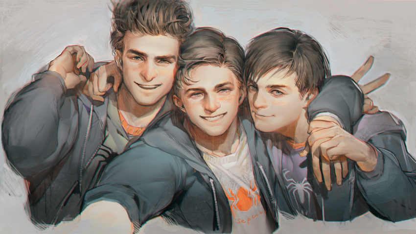 3boys, andrew_garfield, animal_print, blue_eyes, brown_eyes, brown_hair, closed_mouth, grin, hug, jacket, liduke, looking_at_viewer, male_focus, marvel, multiple_boys, multiple_persona, open_mouth, peter_parker, shirt, smile, spider-man_(series), spider_print, tobey_maguire, tom_holland, v