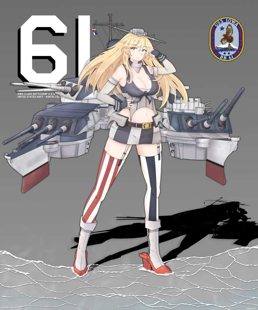absurdres, american_flag, american_flag_legwear, asymmetrical_legwear, bananamaru, blonde_hair, blue_eyes, breasts