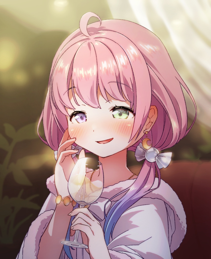 1girl, ahoge, bangs, blush, cup, drinking_glass, earrings, green_eyes
