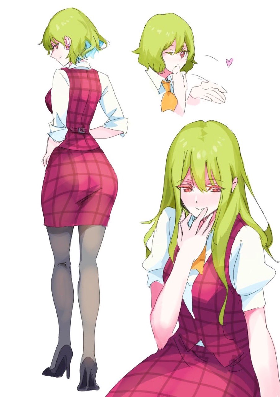adapted_costume, ascot, ass, black_footwear, black_legwear, blowing_kiss, breasts, collared_shirt