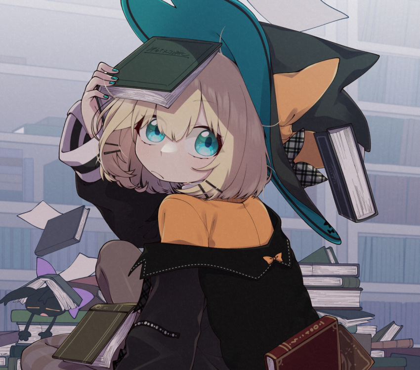 1girl, blonde_hair, blue_eyes, book, bookshelf, familiar, frown, hair_between_eyes