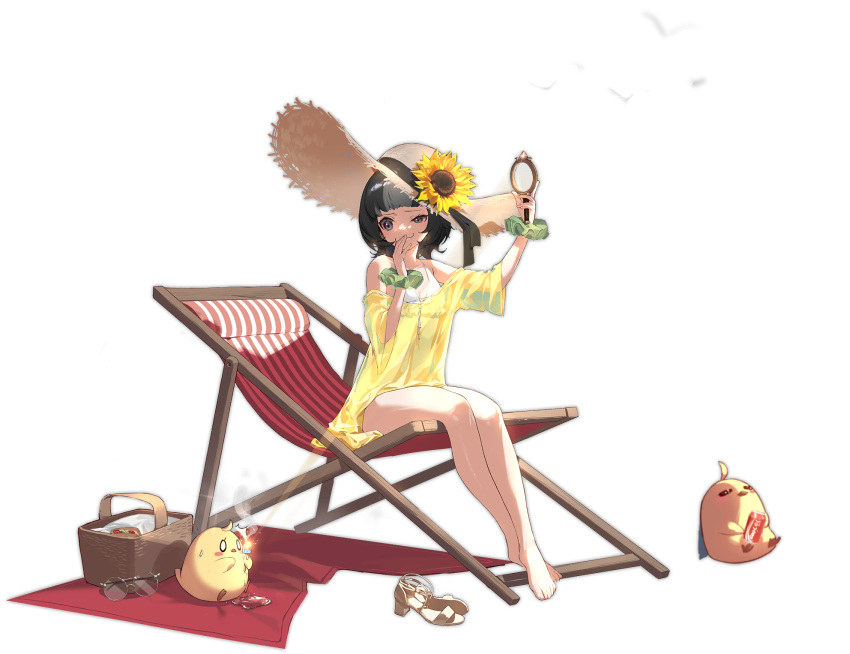 1girl, azur_lane, bangs, bikini, black_hair, blue_eyes, breasts, closed_mouth, eskimo_(azur_lane), eskimo_(parkaless_prankster)_(azur_lane), flower, full_body, hair_ornament, hat, highres, holding, magnifying_glass, manjuu_(azur_lane), multicolored_hair, official_alternate_costume, official_art, see-through, shisantian, short_hair, sitting, small_breasts, sun_hat, sunflower, swimsuit, transparent_background