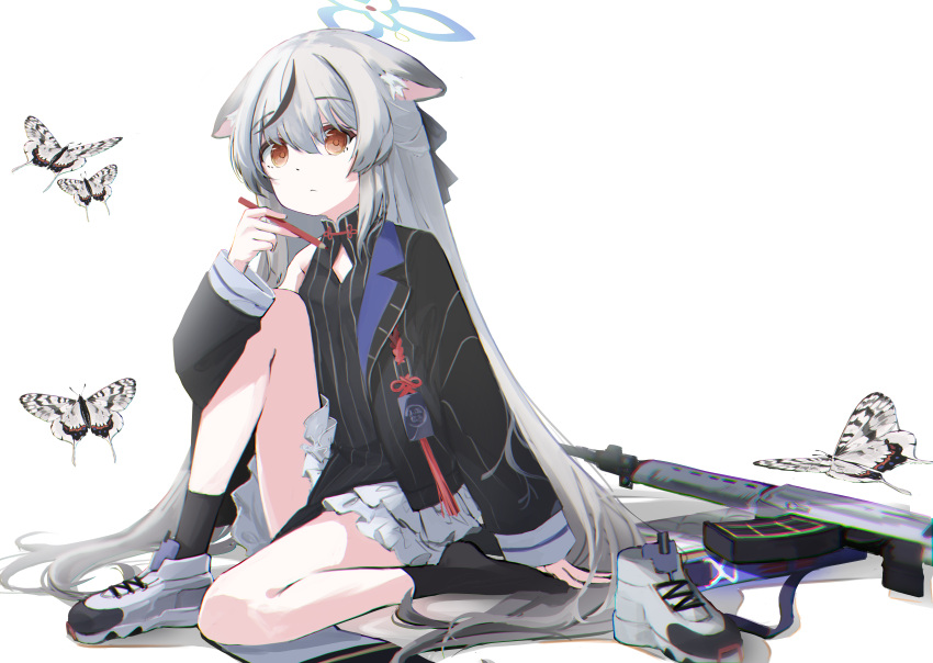 1girl, absurdres, animal_ears, assault_rifle, bangs, black_hair, black_jacket, black_legwear