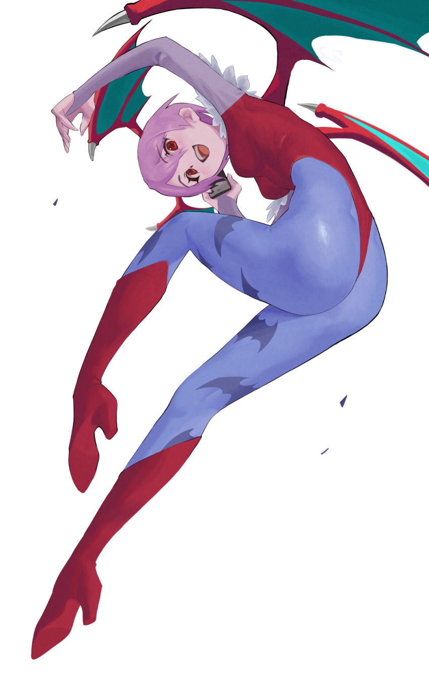 1girl, animal_print, ass, bat_print, bat_wings, blue_legwear, bridal_gauntlets, cellphone, demon_girl, flat_chest, from_behind, head_wings, high_heels, highres, jheflow45, leotard, lilith_aensland, looking_at_viewer, looking_back, low_wings, open_mouth, phone, print_legwear, purple_hair, red_eyes, red_leotard, short_hair, simple_background, smartphone, smile, solo, teeth, vampire_(game), white_background, wings