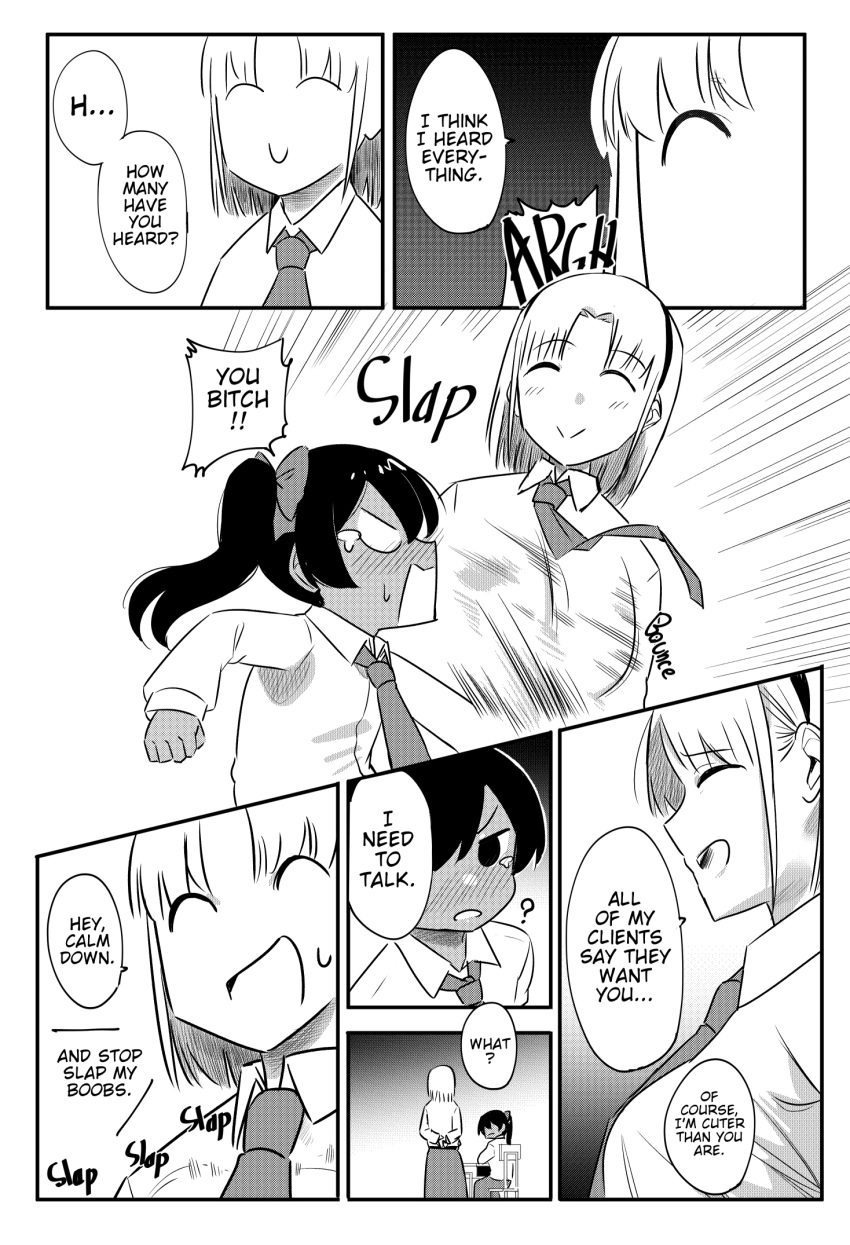 1girl, angry, black_hair, blonde_girl_(okpriko), bow, closed_eyes, dark-skinned_female, dark_skin