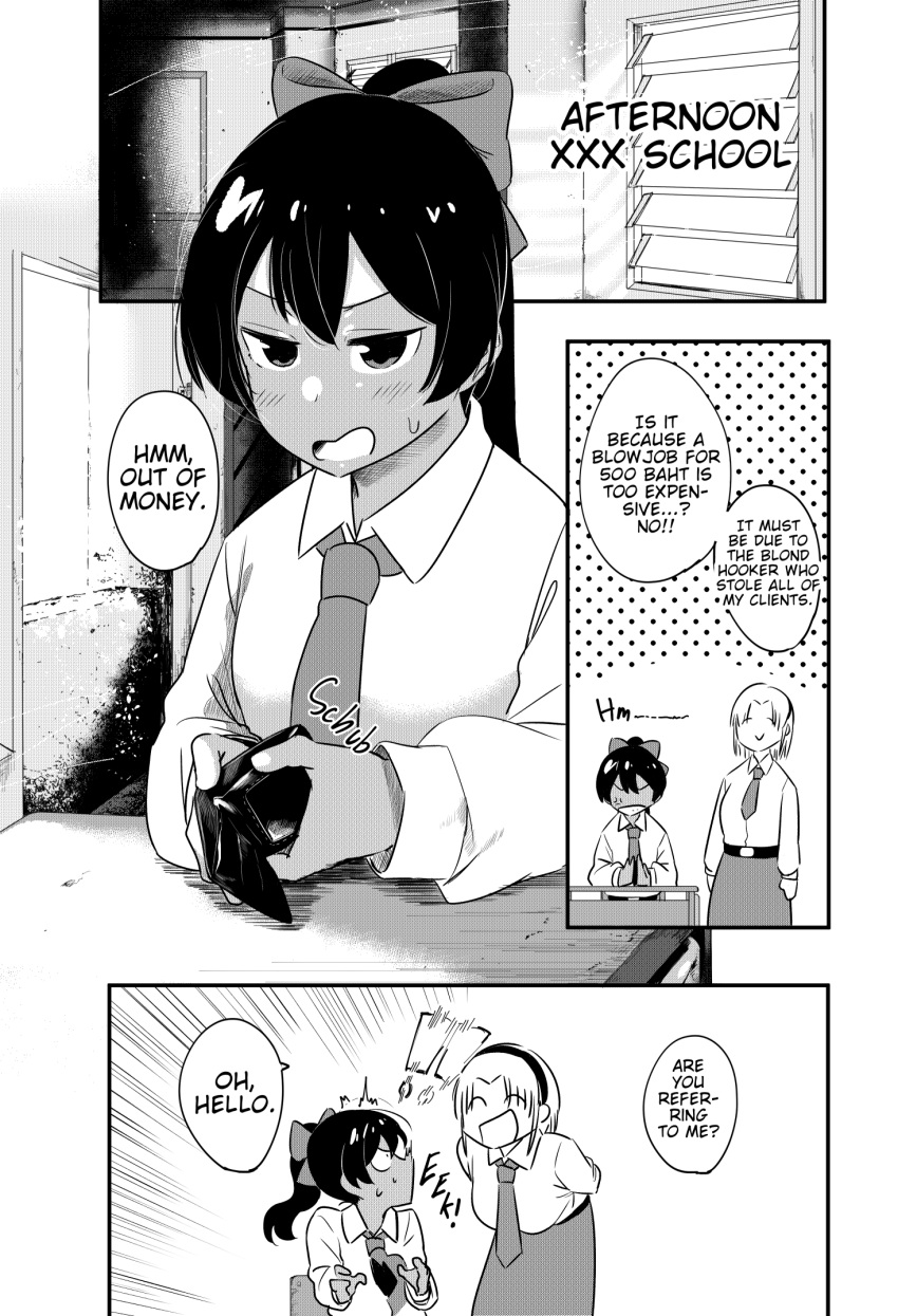 !, 1girl, belt, black_hair, blonde_girl_(okpriko), bow, dark-skinned_female, dark_skin