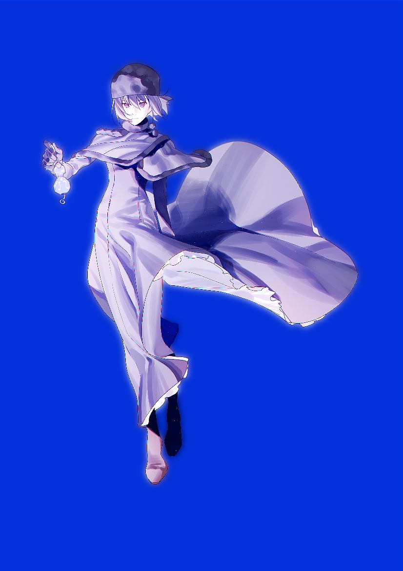 1girl, baaji, black_dress, black_eyes, black_gloves, black_hair, black_headwear, blue_background