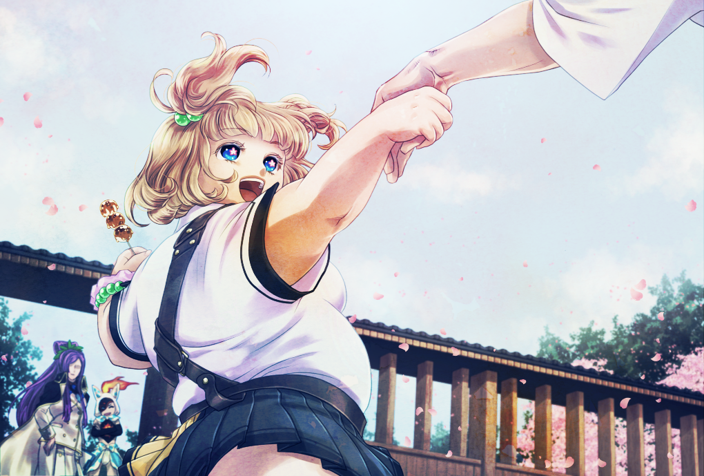 1girl, 3others, akemi_(wkd4496cxc), bangs, blonde_hair, blue_eyes, blue_sky, bobbles