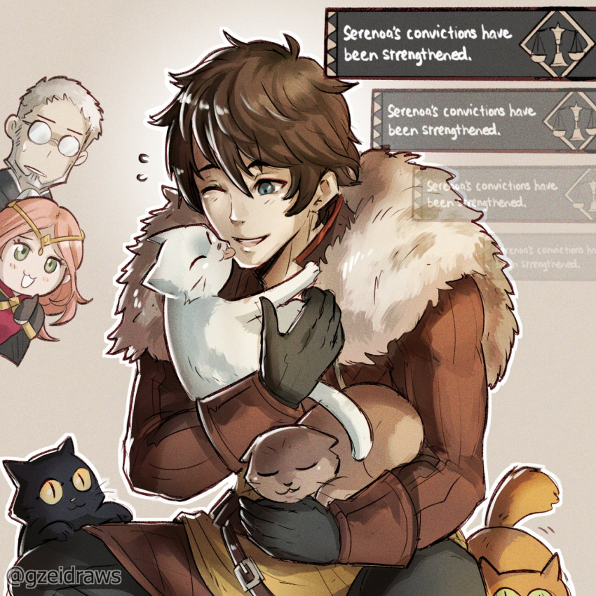 1girl, 2boys, animal, benedict_pascal, black_cat, brown_hair, cat, chibi